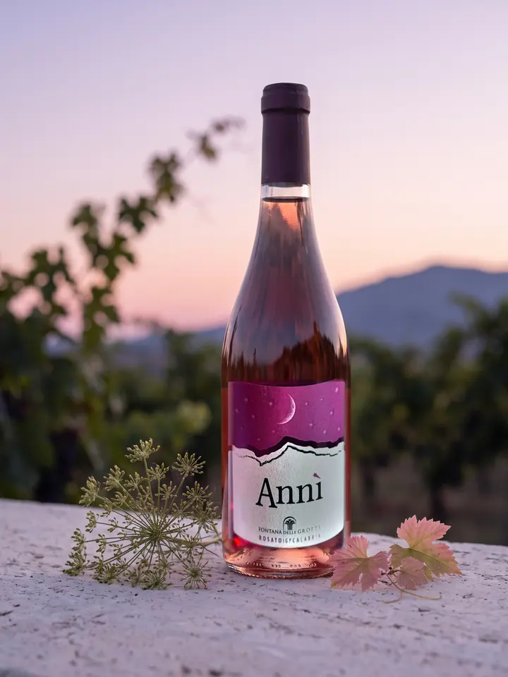 Bottiglia di Annì, rosato IGP Calabria, su pietra chiara alla luce del crepuscolo